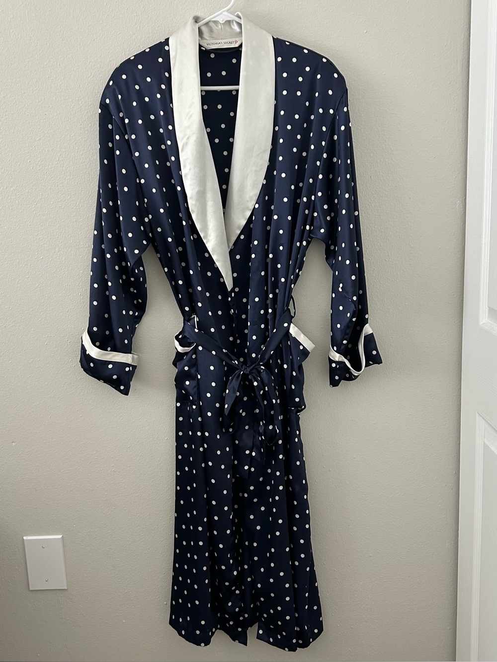 Vintage Victorias Secret Long Satin Polka Dot Robe Womens M/L Navy White 90s